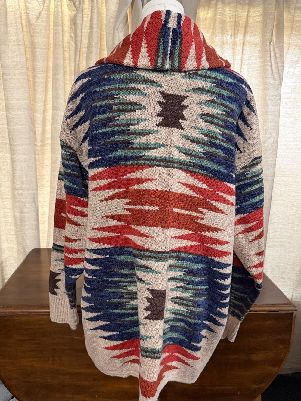 Lucky Brand Beige Cardigan with Red, Navy & Green Aztec South Western Pattern XL - Picture 3 of 7